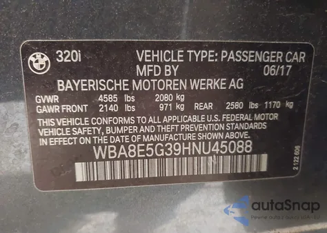 2017 BMW 320I xDrive z USA, uszkodzony, nr VIN WBA8E5G39HNU45088